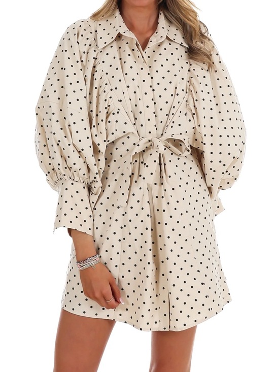 reminiscene Dresses & Skirts - Cream Polka Dot Tie-Front Puff Sleeve Mini Dress